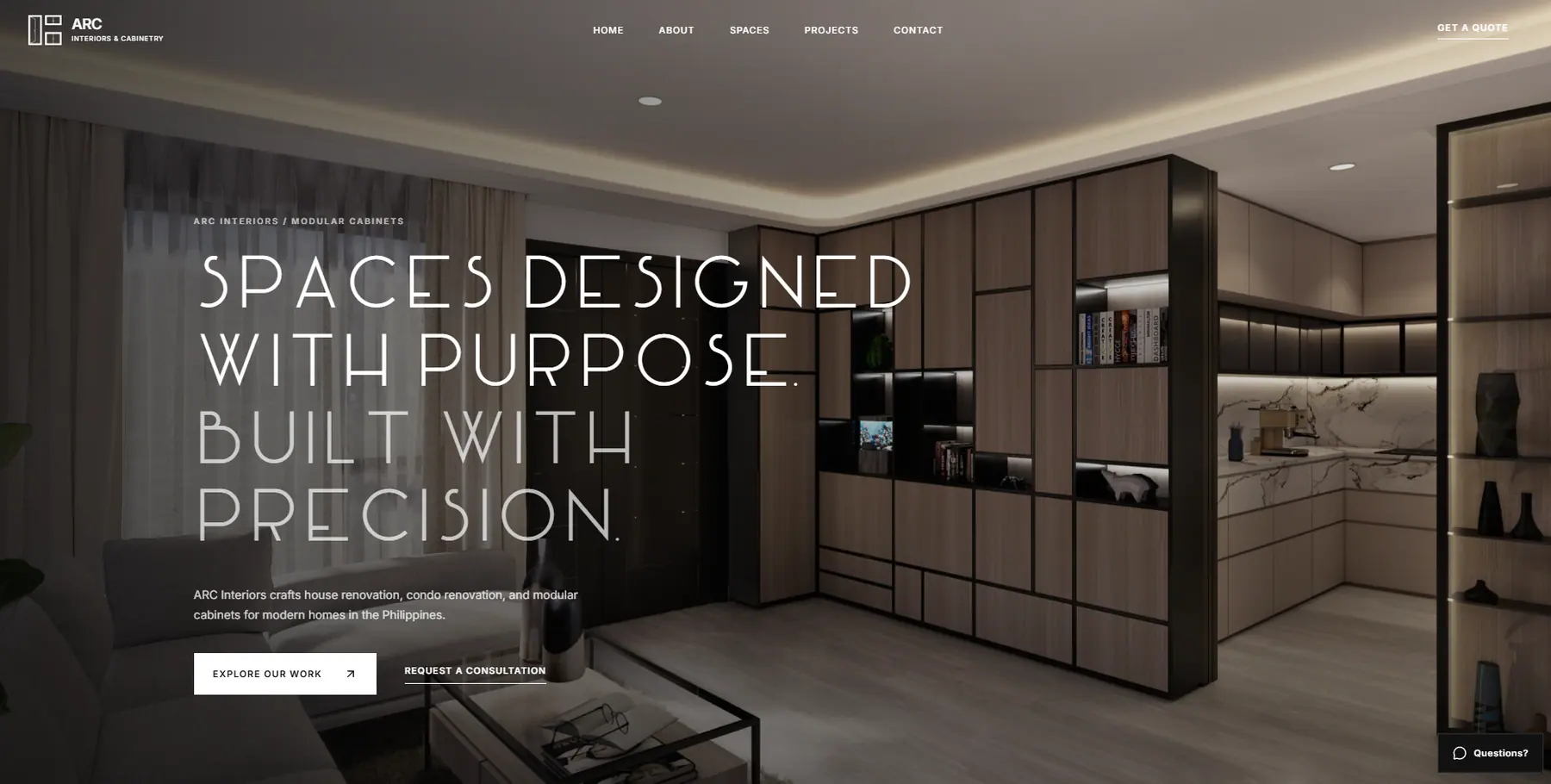 Homepage of the ARC Interiors & Cabinetry website, with a modular cabinet interior and the headline Spaces Designed With Purpose.