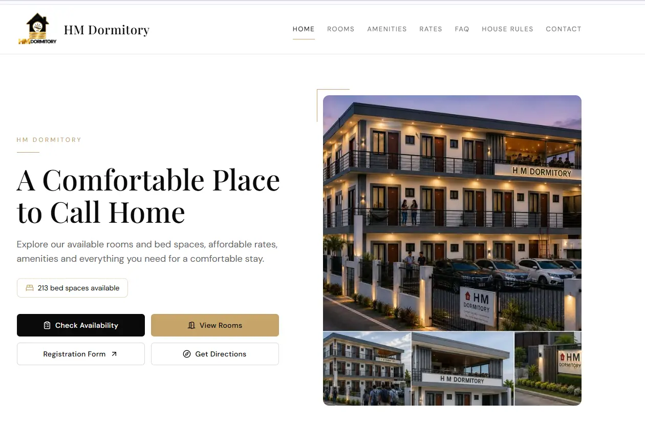 HM Dormitory homepage with the building exterior and a control to check availability.