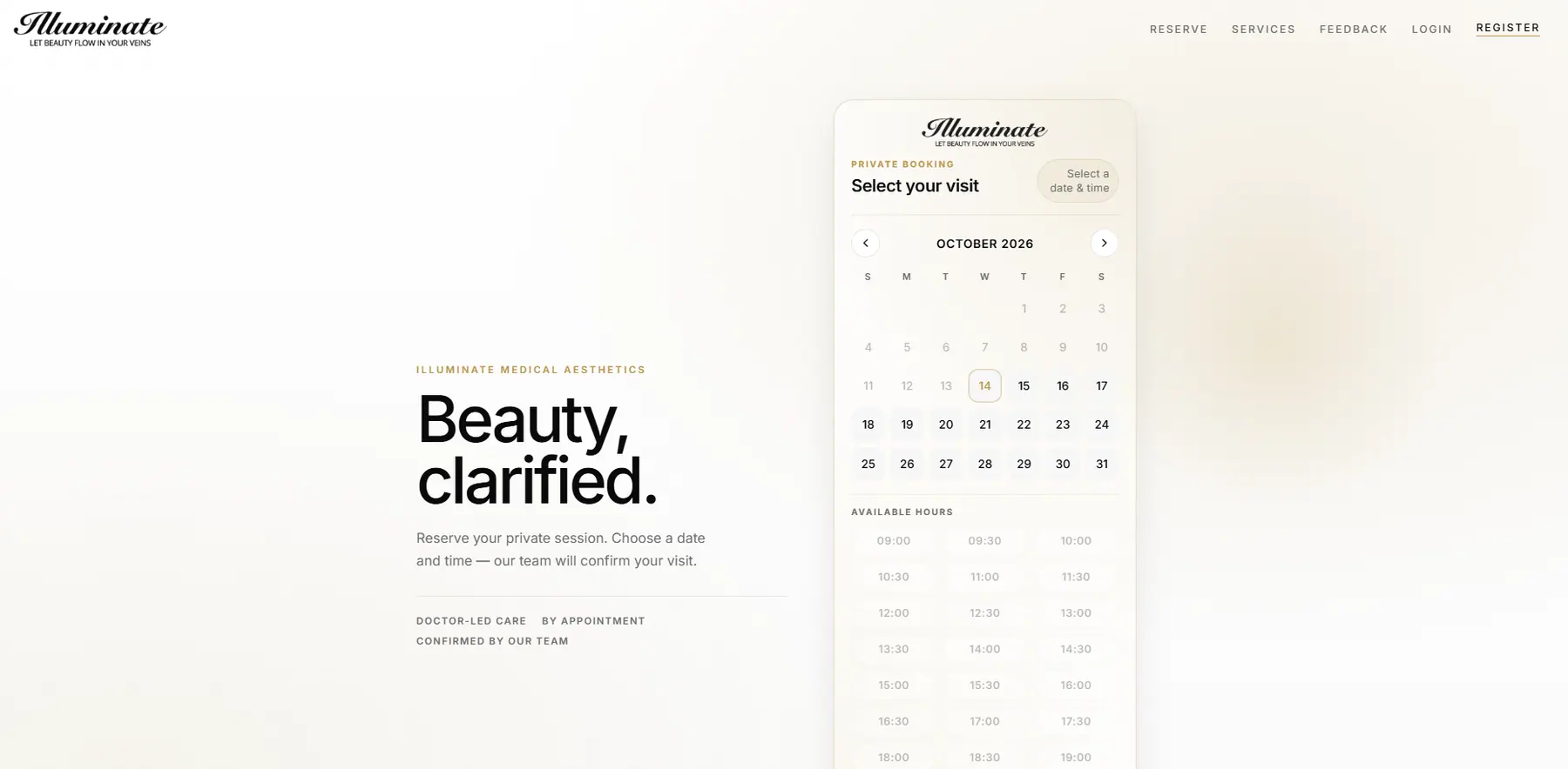 Illuminate booking page with an October calendar and a list of available visit hours.