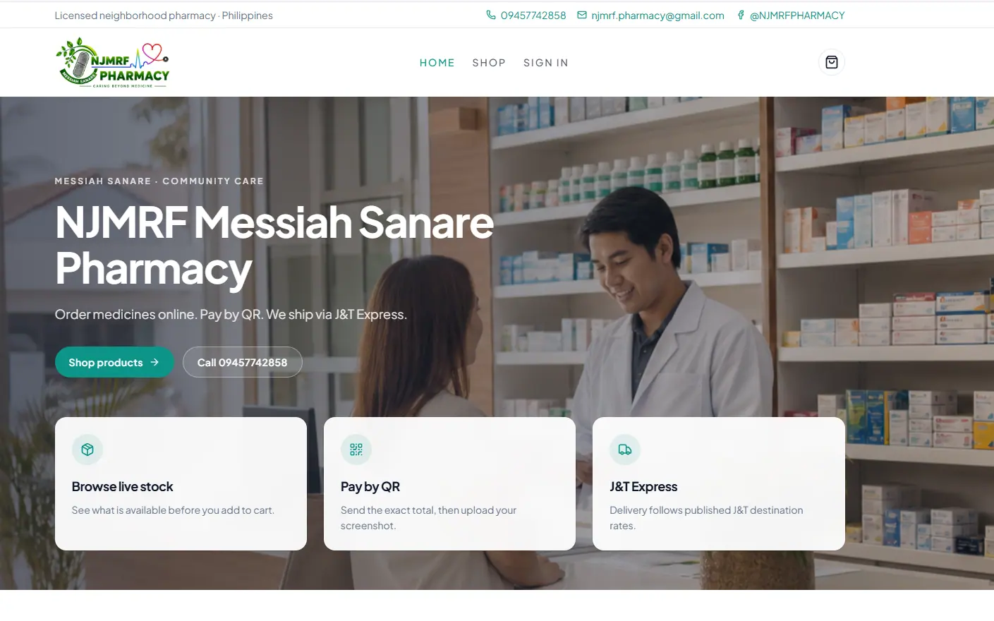NJMRF Pharmacy homepage inviting patients to order medicines online.